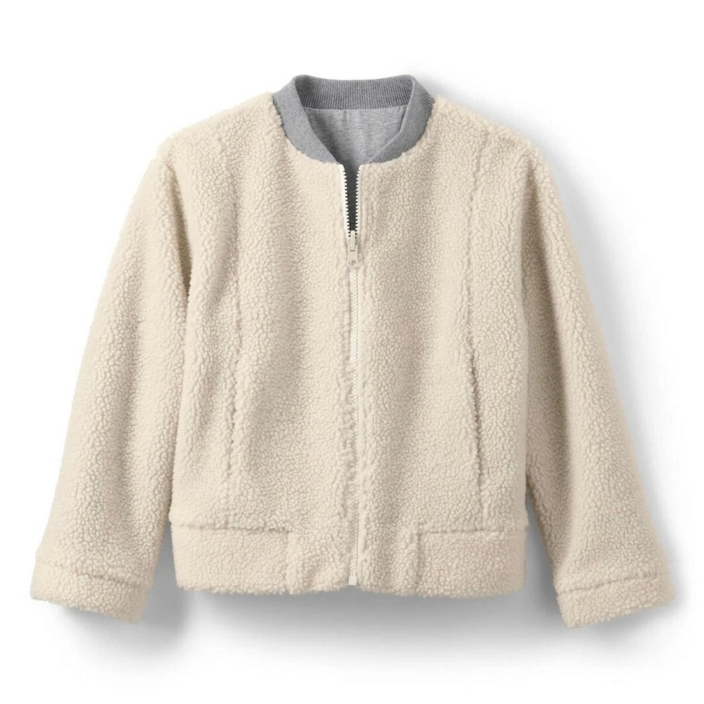 LANDS END Reversible Sherpa Teddy Bomber Jacket Full Zip Cotton Gray Cream